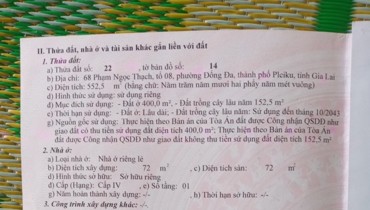 ĐẤT CHÍNH CHỦ - CẦN BÁN  LÔ ĐẤT 2 MĂT TIỀN TẠI  68 Phạm Ngọc Thạch, Đống Đa, TP Pleiku, Gia Lai